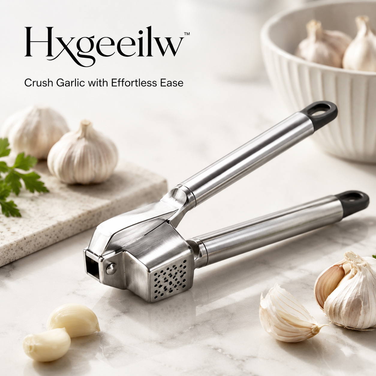 Hxgeeilw™ Premium Stainless Steel Garlic Press – Ergonomic & Heavy Duty