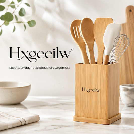Hxgeeilw™ Bamboo Utensil Holder – Countertop Kitchen Organizer & Tool Caddy